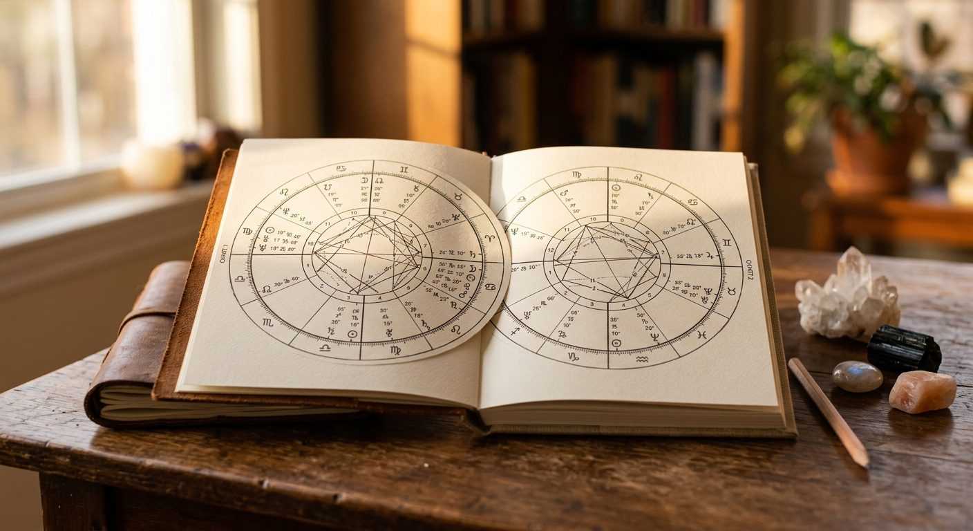 Two synastry birth charts side by side on a desk, Love Calculator astrology compatibility
