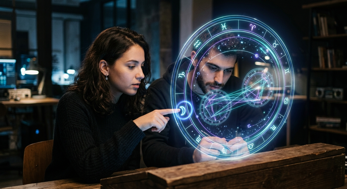 Two people analyzing a glowing Moon sign compatibility birth chart with synastry aspects
