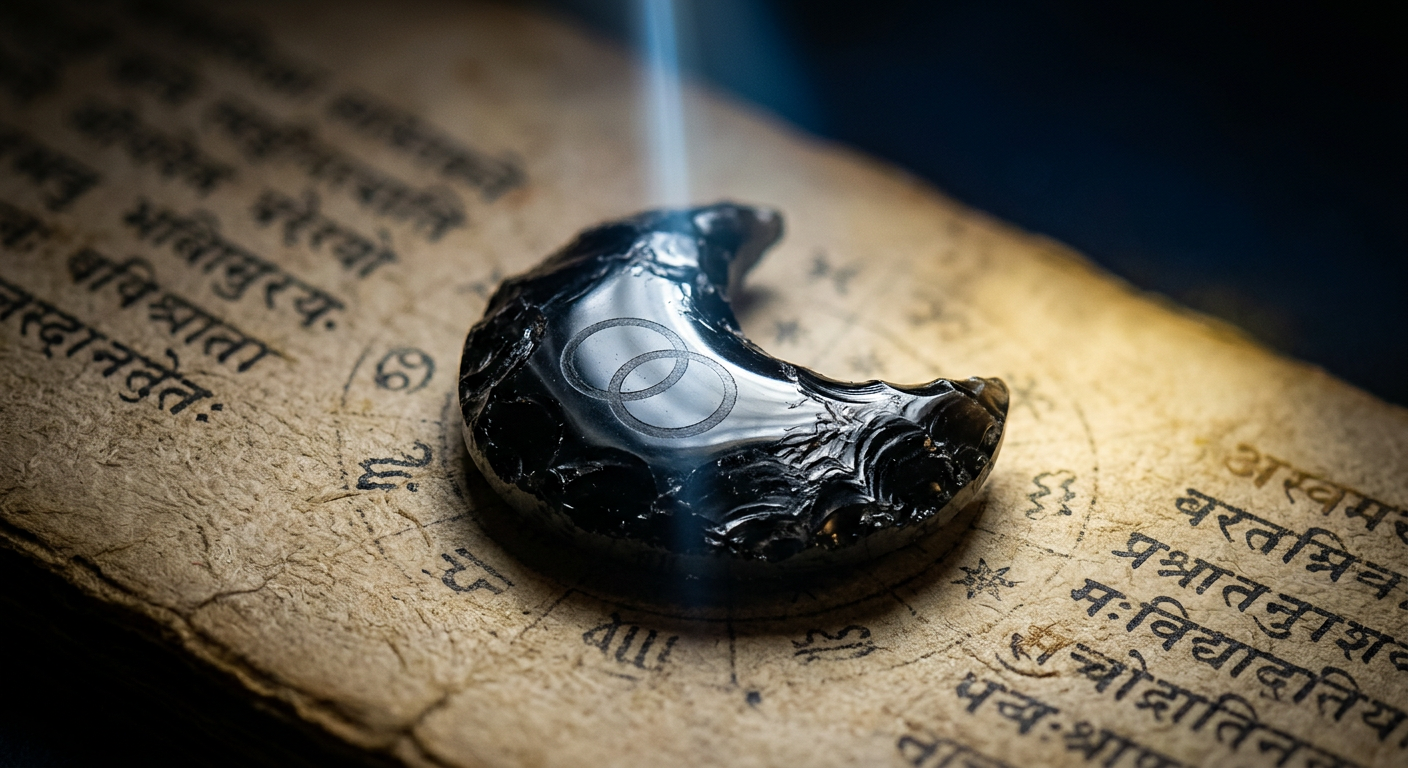 Macro obsidian moon stone on Vedic astrology synastry kundli manuscript