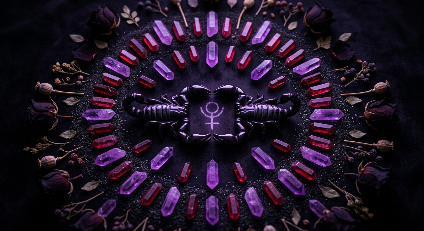 Two obsidian scorpion figures facing each other surrounded by glowing Pluto crystals on black surface