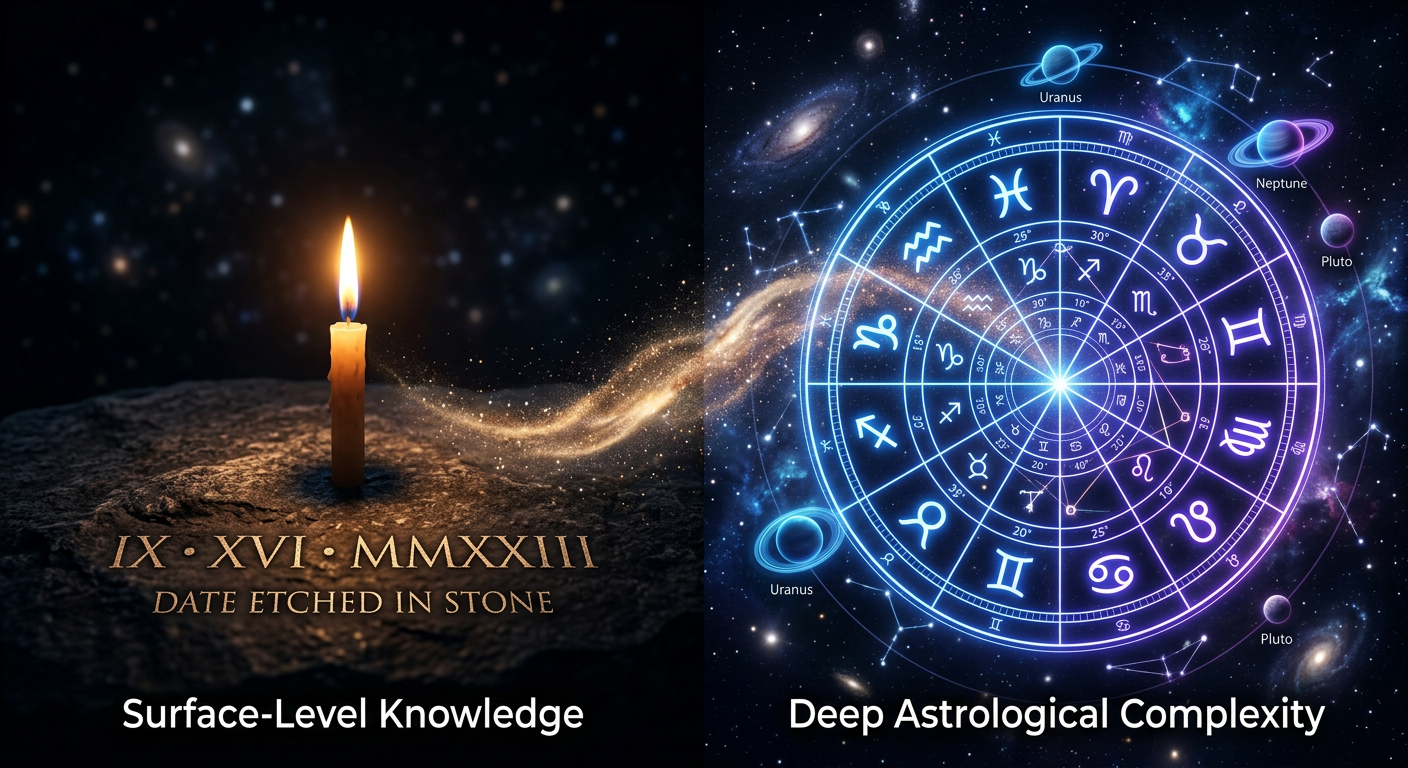 Zodiac wheel with decans and outer planets contrasted against a birth date glyph