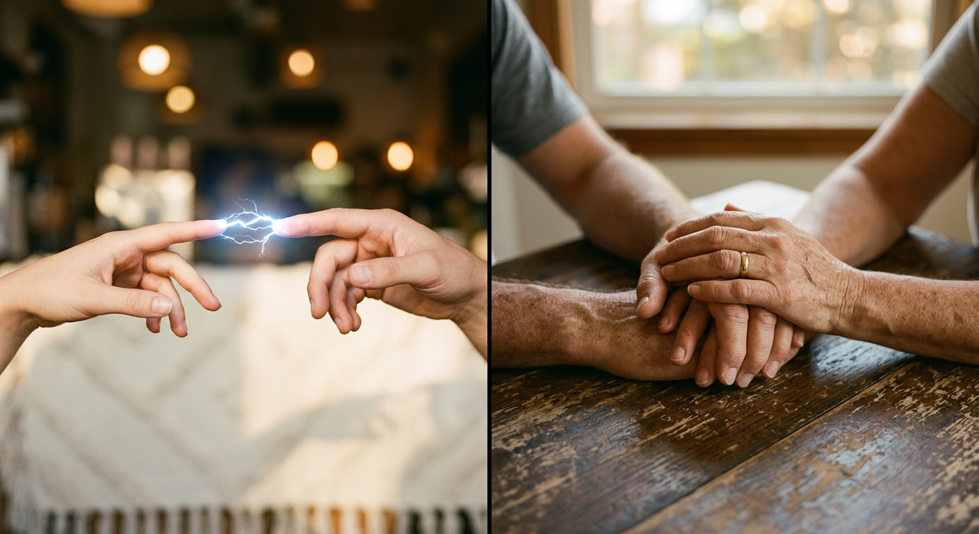 Split image showing romantic spark vs stable marriage partnership under Venus and Saturn symbolism